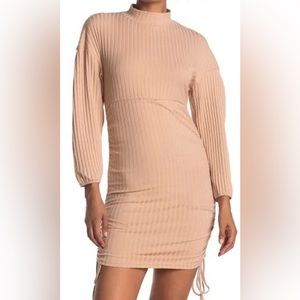 Velvet Torch Tan Ruched Ribbed Knot Long Sleeve Mini Dress Size XS (2) N…